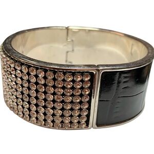 Black Leather and Silver Crystal Cuff Bracelet Modern Contemporary Women Formal